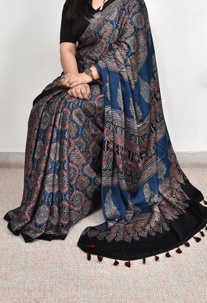 Indigo Blue Saree with Ajrakh Pattern Border & Tassels
