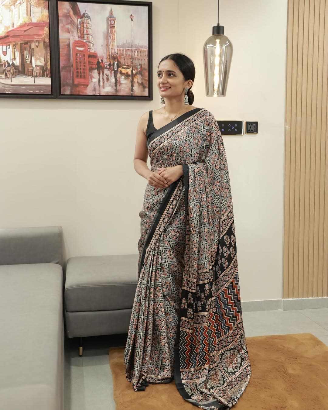 Cream Ajrakh-Style Printed Modal Silk Saree with Multi-Design Borders