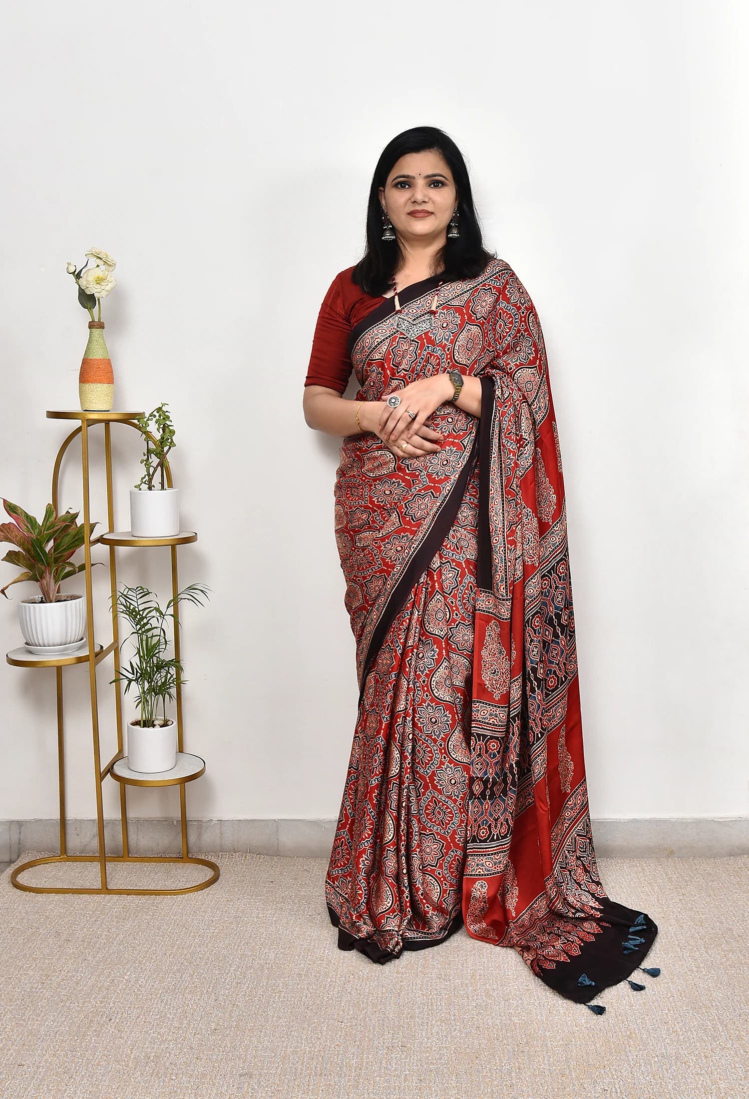 Red Modal Silk Look Saree with Rich Ajrakh Motifs