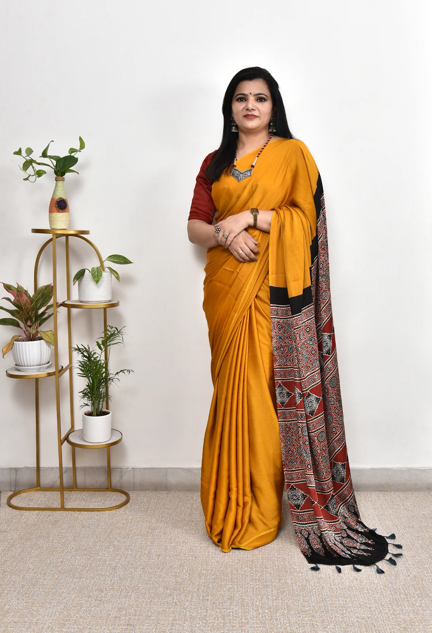 Premium Mustard Saree with Ajrakh Pattern Border & Pallu