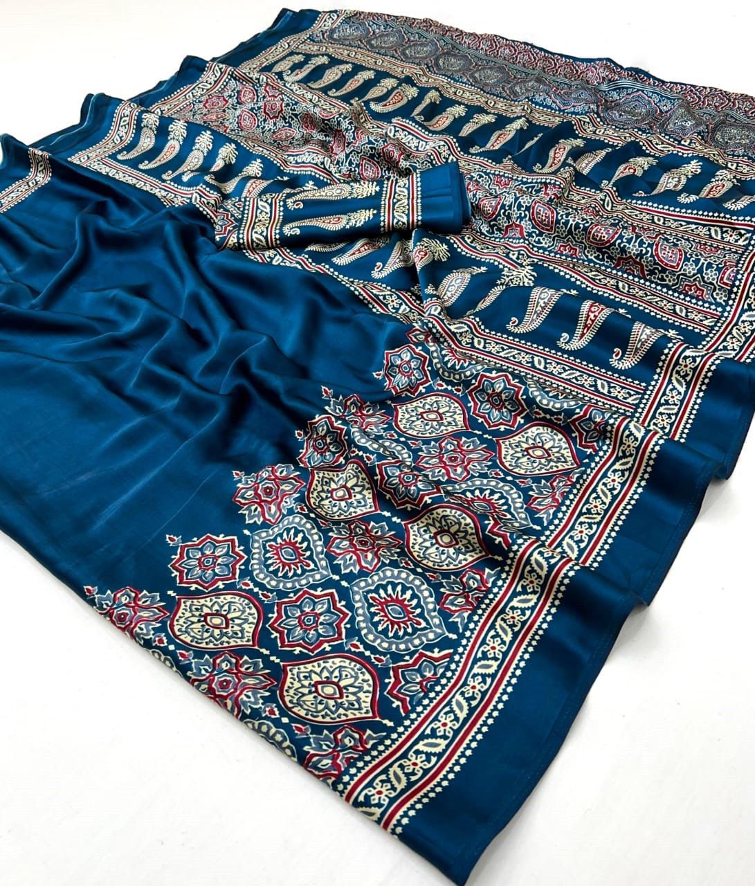 Teal Blue Ajrakh Modal Silk Saree with Designer Pallu | Premium Traditional Saree for Women