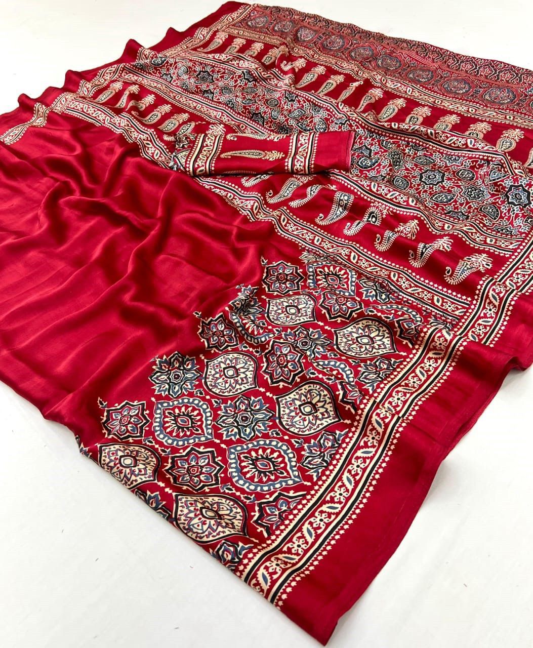 Red Ajrakh Modal Silk Saree with Designer Pallu & Printed Border | Traditional Party Wear Saree