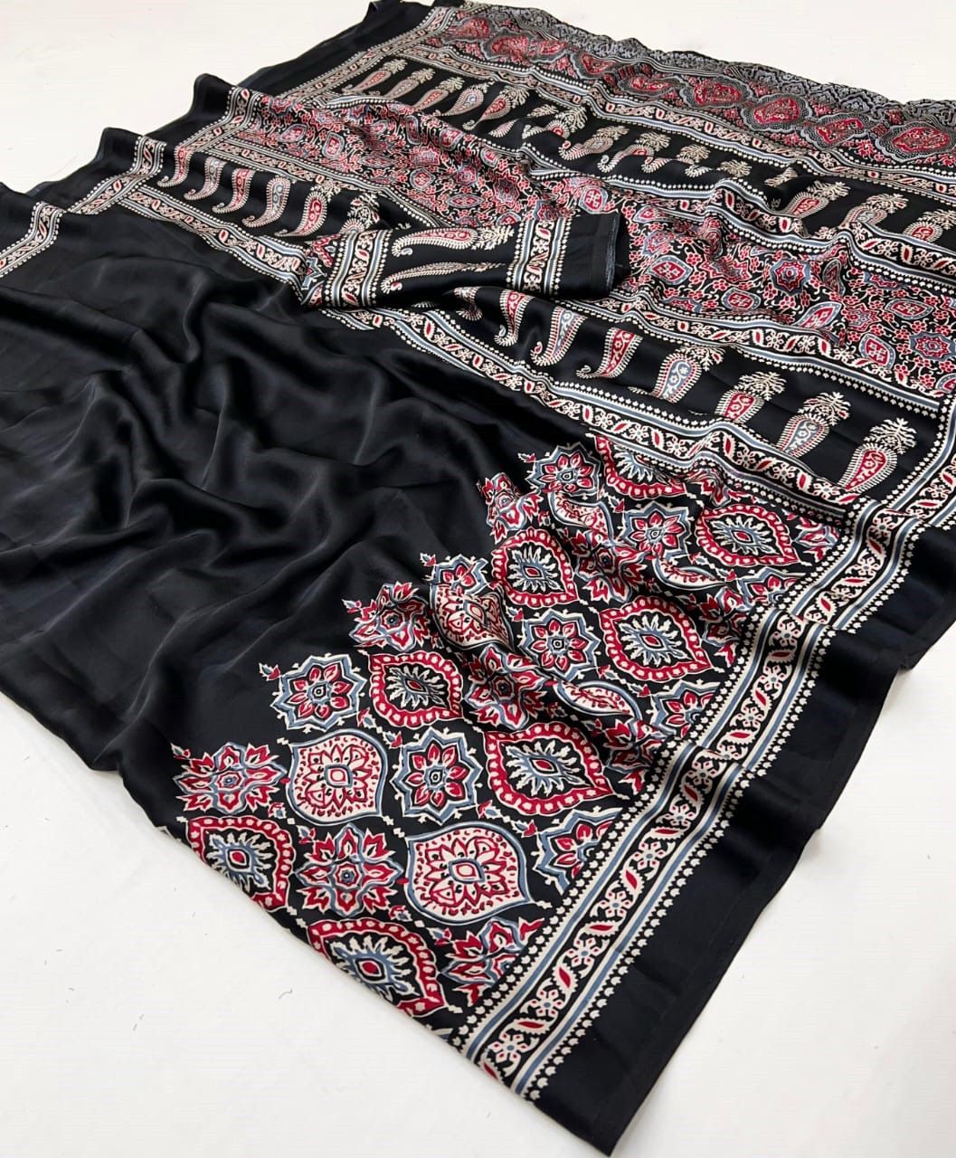 Black Ajrakh Modal Silk Saree with Designer Pallu & Motif Border | Elegant Traditional Saree for Women