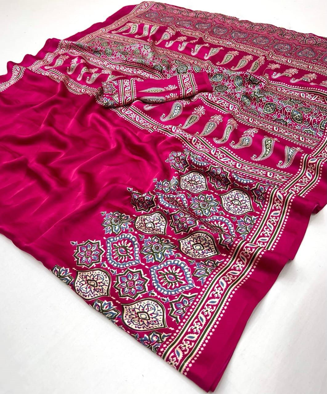 Rani Pink Ajrakh Modal Silk Saree with Designer Pallu & Printed Border | Festive & Party Wear Saree
