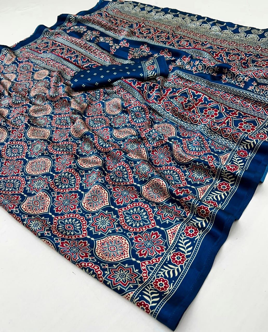 Royal Blue Ajrakh Modal Silk Saree with Floral Motifs & Designer Border | Elegant Traditional Saree for Women