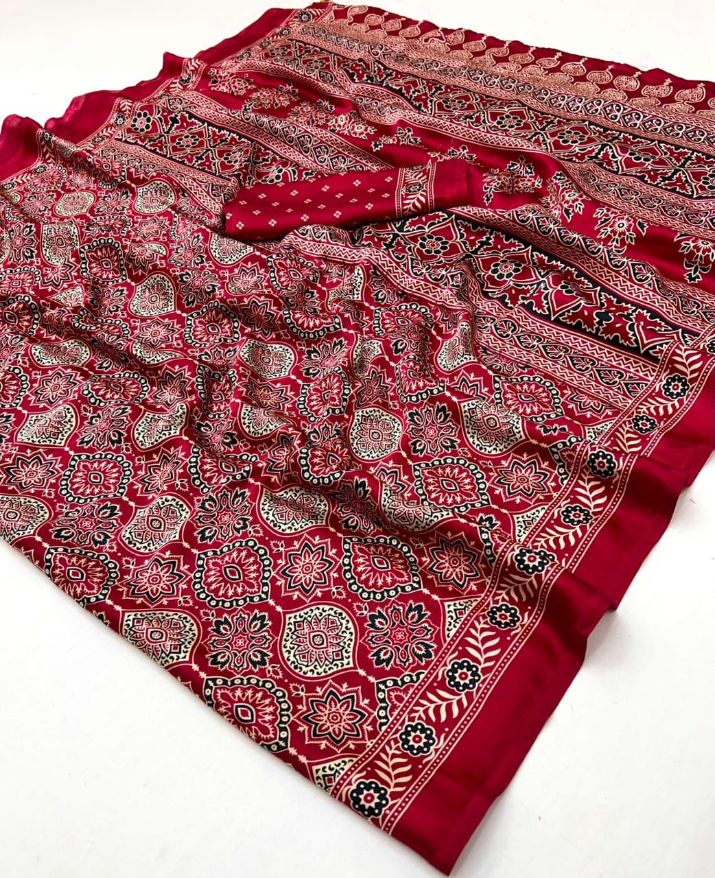 Red Ajrakh Modal Silk Saree with Floral Motifs & Designer Border | Elegant Traditional Saree for Women