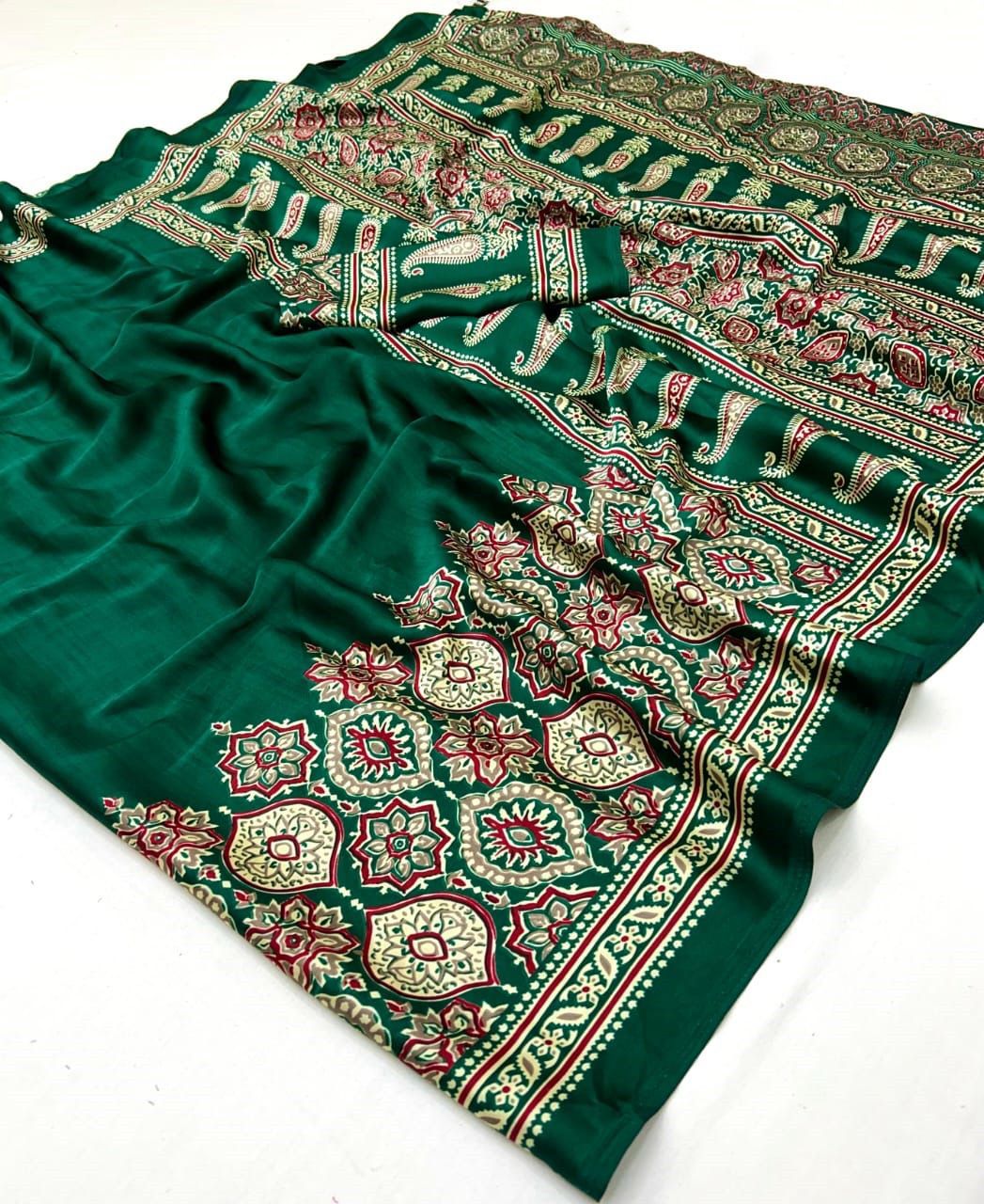 Green Ajrakh Modal Silk Saree with Designer Pallu & Floral Border | Elegant Traditional Saree for Women
