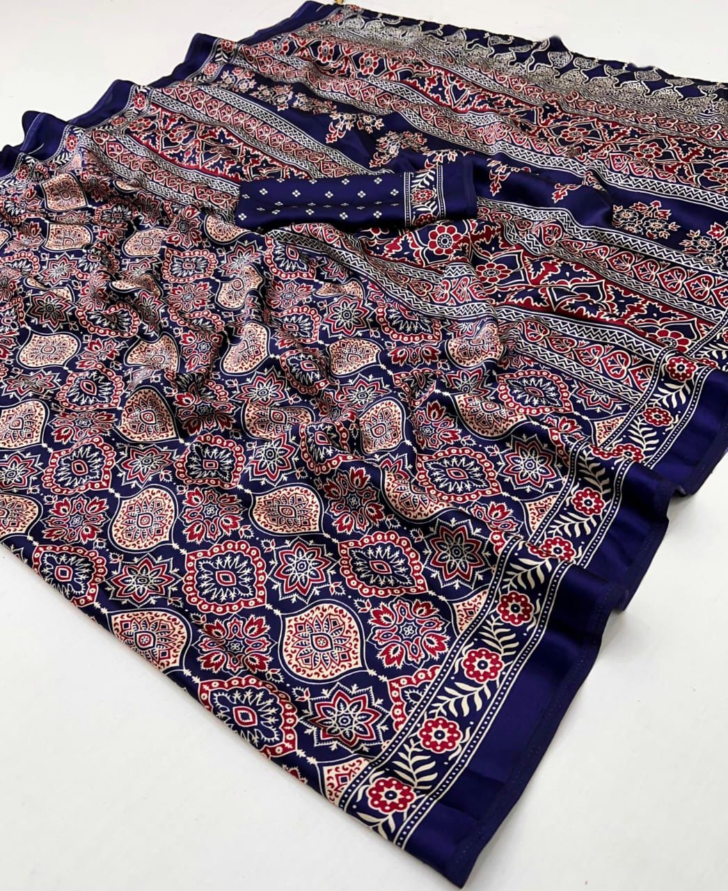 Navy Blue Ajrakh Modal Silk Saree with Floral Motifs & Designer Border | Elegant Traditional Saree for Women