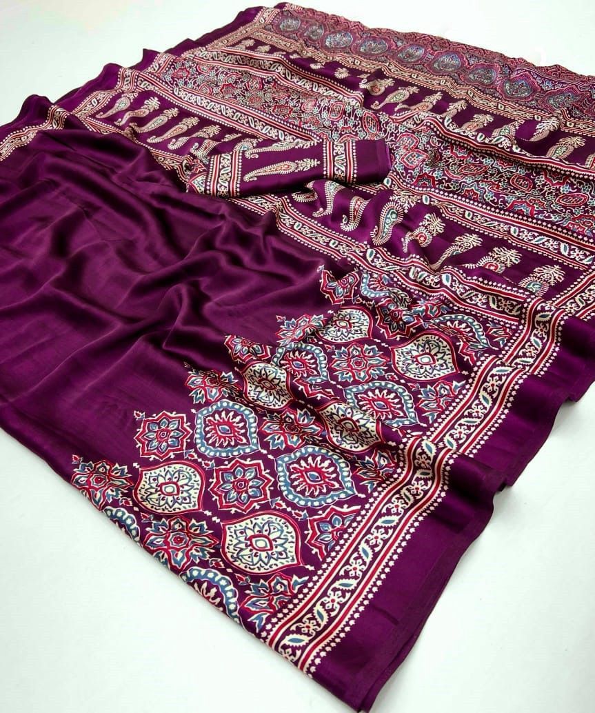 Wine Purple Ajrakh Modal Silk Saree with Designer Pallu | Elegant Traditional Saree for Women