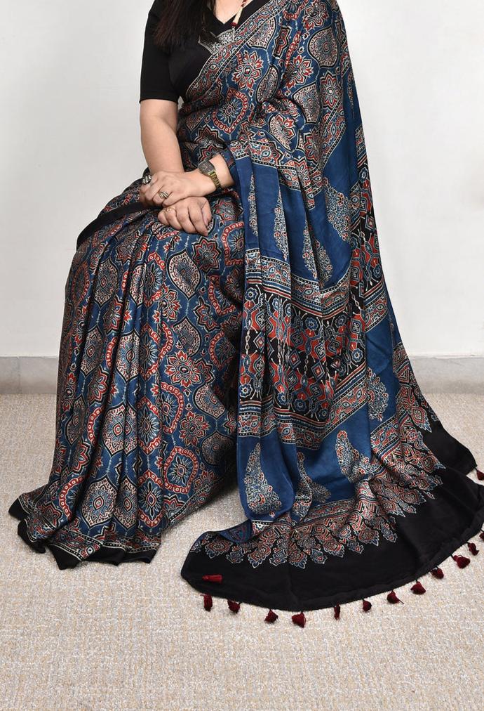Indigo Blue Saree with Ajrakh Pattern Border & Tassels