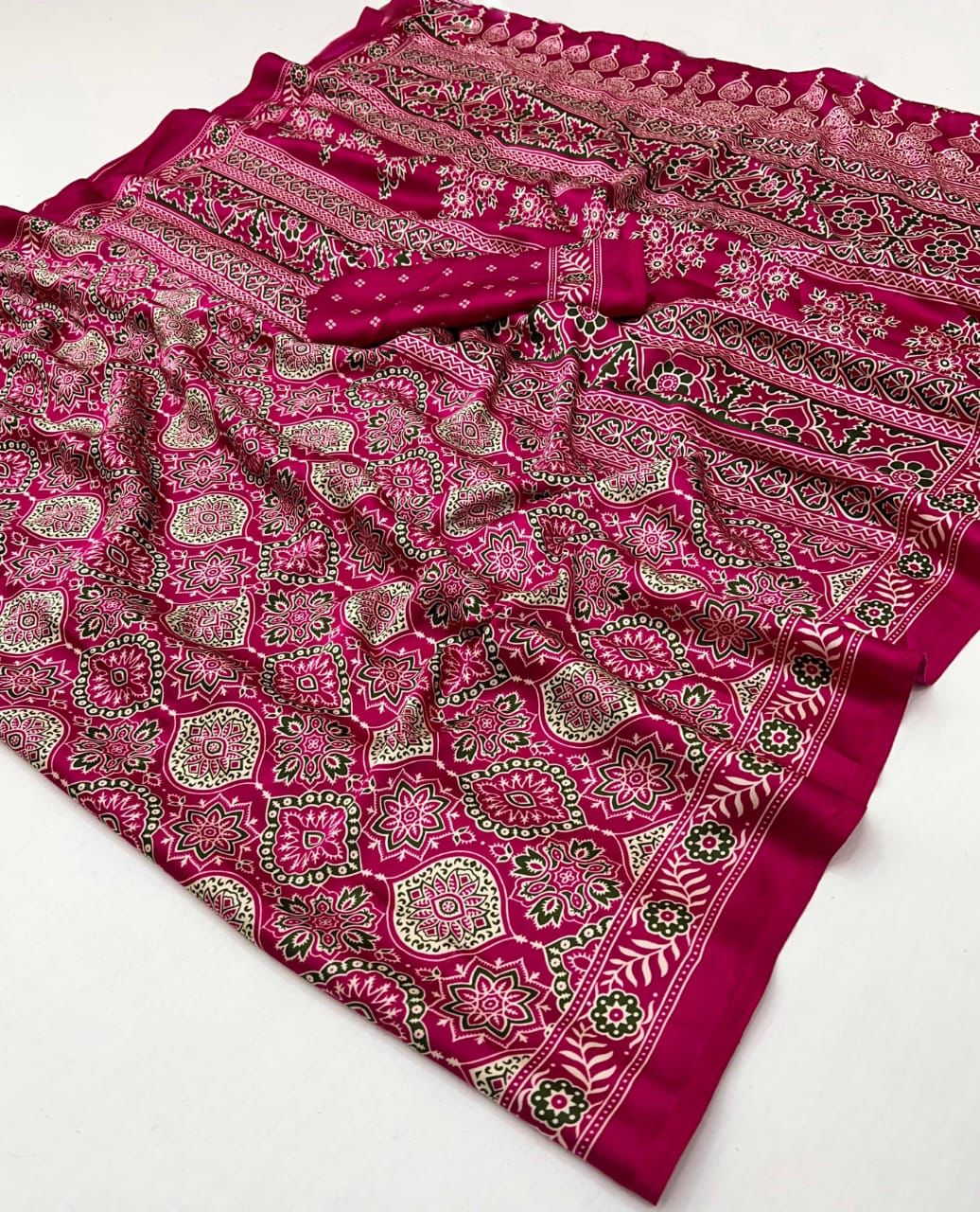 Rani Pink Ajrakh Modal Silk Saree with Floral Motifs & Designer Border | Elegant Traditional Saree for Women