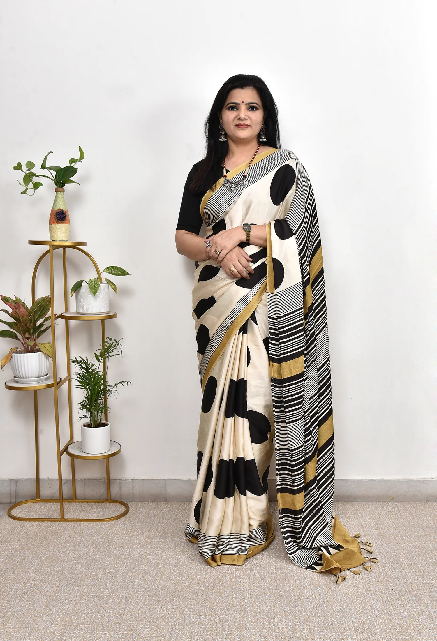Cream Printed Saree with Bold Black Dots & Modern Mustard Border