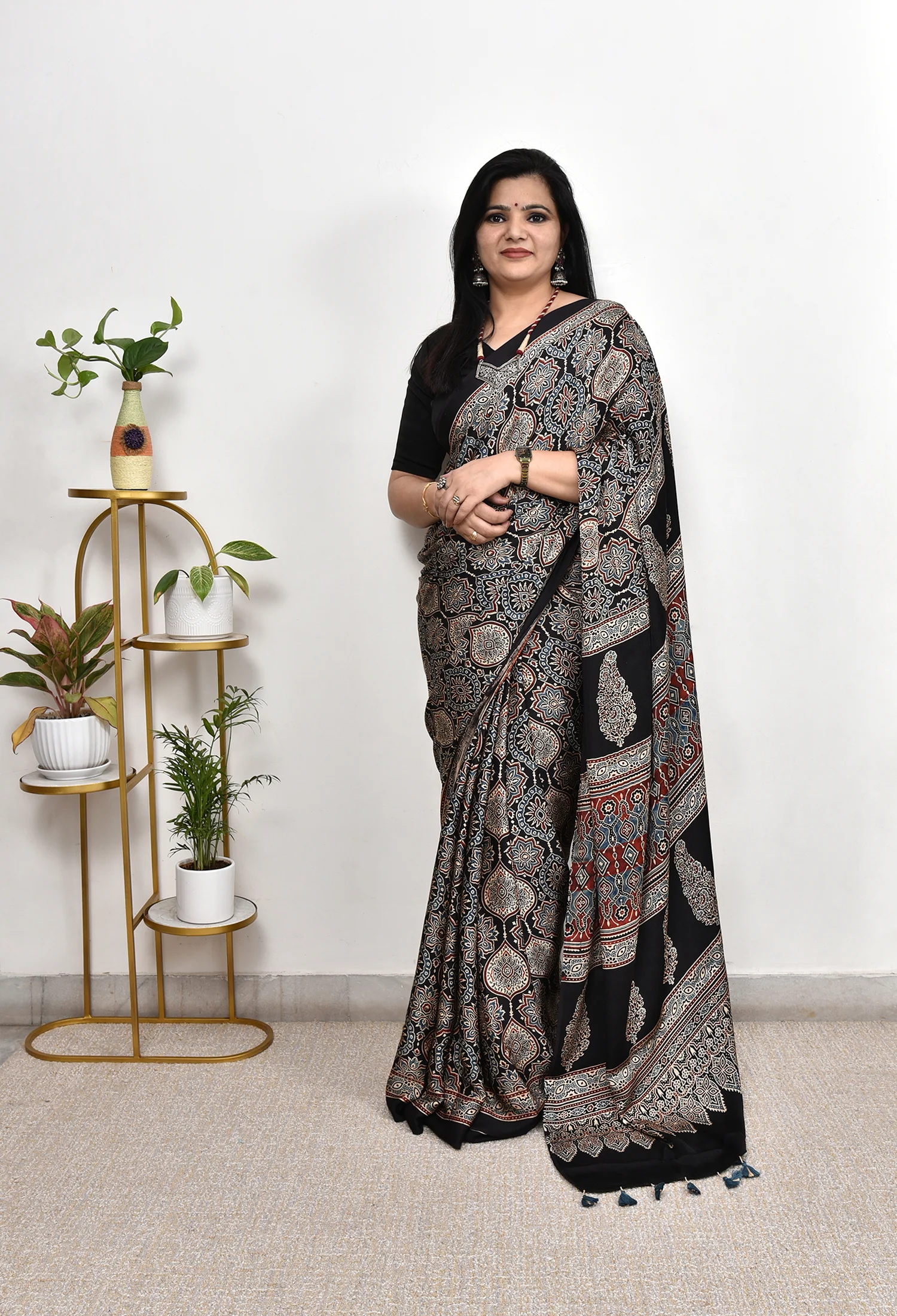 Premium Black Saree with Traditional Ajrakh Motifs & Rich Border