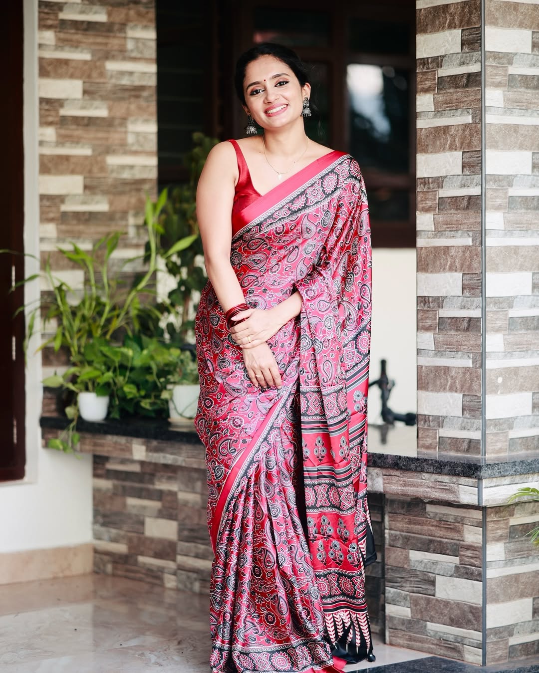 Pink Ajrakh Print Modal Silk Saree with Designer Border & Pallu