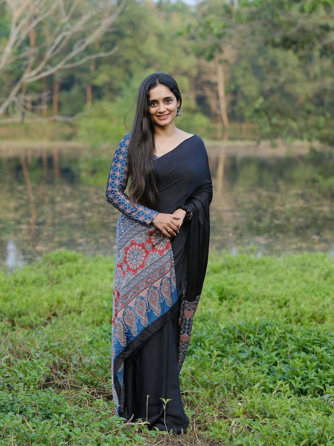 Black Solid Modal Silk Saree with Ajrakh Print Pallu | Elegant Designer Look
