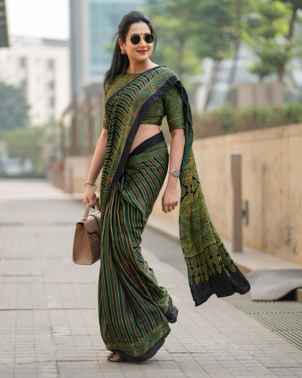 Green Ajrakh Modal Silk Saree with Blouse | Indian Traditional Saree