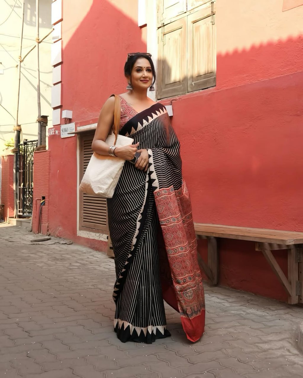 Black & White Striped Ajrakh Modal Silk Saree with Red Designer Pallu